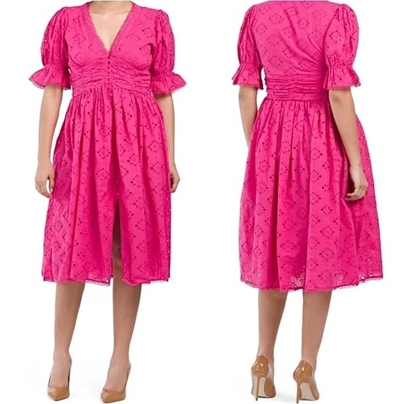 NWT HOUSE OF HARLOW Midi Dress Puff Short Ruffle Sleeve Barbie Pink Eyelet Sz XS - Picture 1 of 8